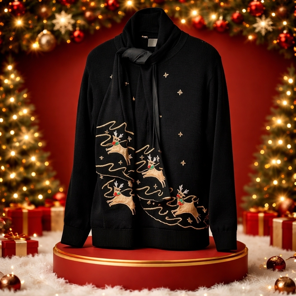 Vintage Lemon Grass  "Rudolph" reindeer Cardigan Small Black Detach Scarf